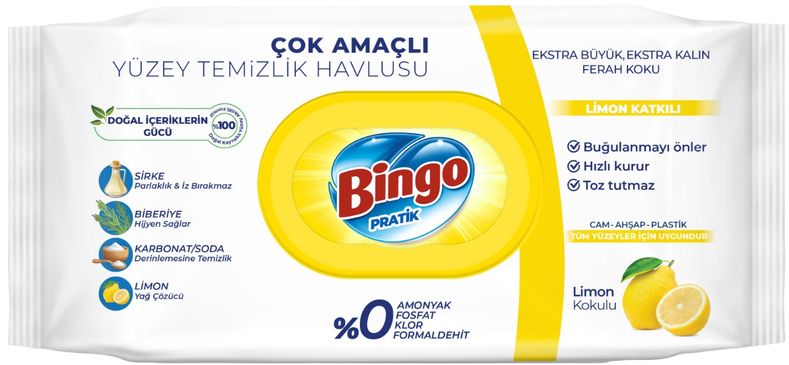 Bingo Clean Yüzey Temizlik Havlusu 96 Yaprak Limon Kokulu Plastik Kapaklı