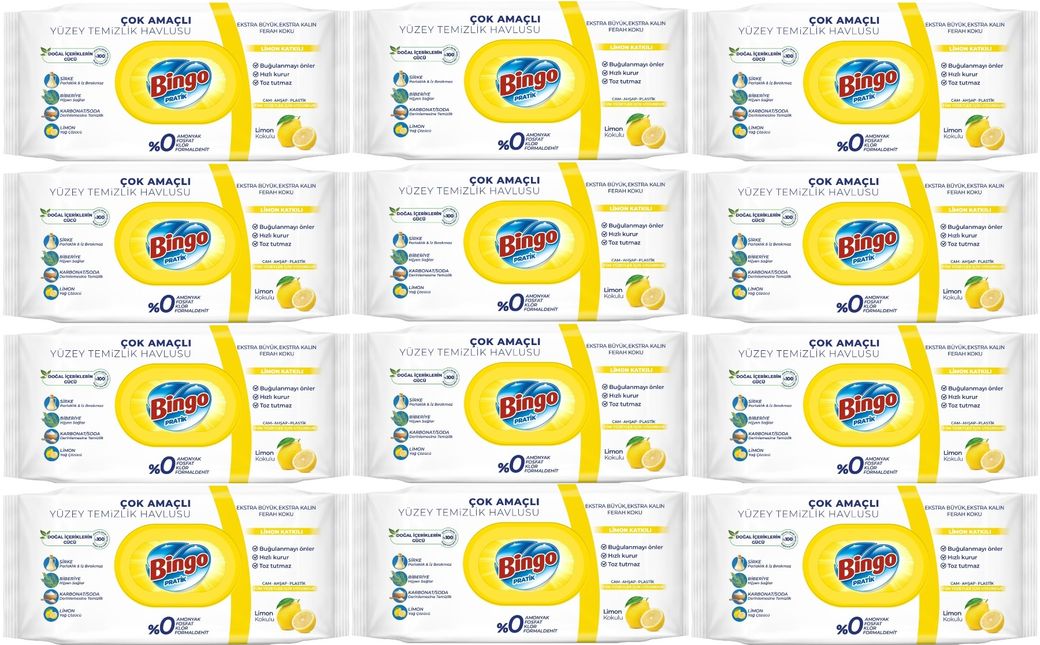 Bingo Clean Yüzey Temizlik Havlusu 96 Yaprak Limon Kokulu Plastik Kapaklı (12 Li Set) 1152 Yaprak
