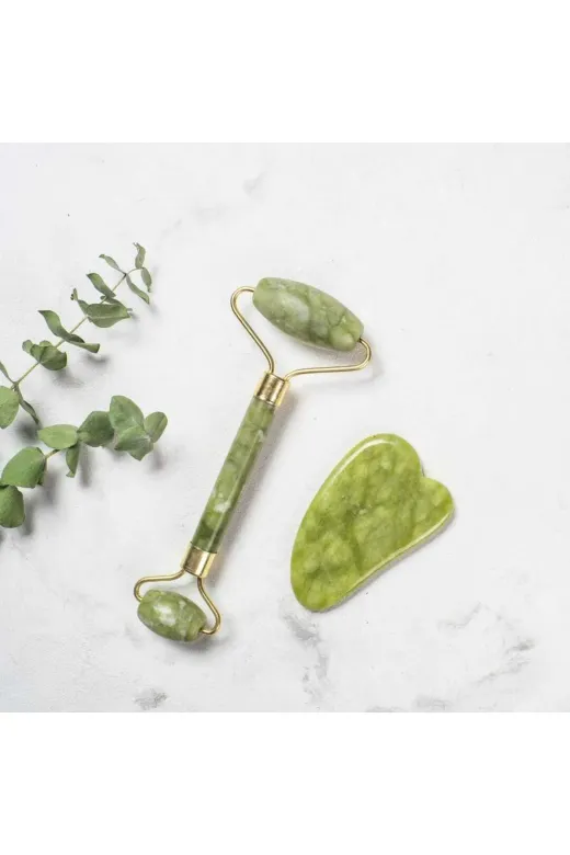 BİSEN ysts0147 Yeşim Taşı Doğal Taş Face Roller + Gua Sha Masaj Aleti Seti Doğal Taş Cilt Bakımı