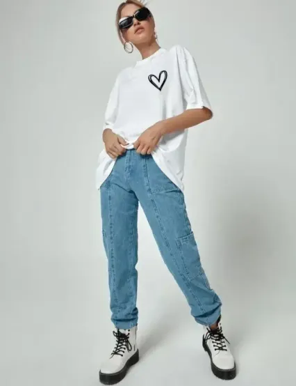 Bisiklet Yaka Baskılı Oversize T-Shirt - Beyaz - M - Beyaz