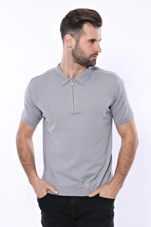 Bisiklet Yaka Kenarları Desenli Gri Örme T-shirt | Wessi