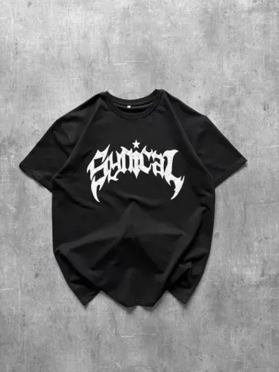 Bisiklet Yaka Ön Baskılı Kısa Kollu Tişört Streetwear Günlük Basic Pamuklu T-shirt - Siyah - L - Siyah