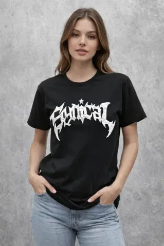 Bisiklet Yaka Ön Baskılı Kısa Kollu Tişört Streetwear Günlük Basic Pamuklu T-shirt - Siyah - S - Siyah
