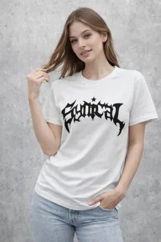 Bisiklet Yaka Ön Baskılı Kısa Kollu Tişört Streetwear Günlük Basic Pamuklu T-shirt - Beyaz - L - Beyaz