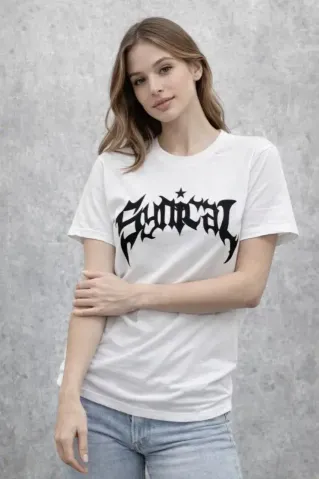 Bisiklet Yaka Ön Baskılı Kısa Kollu Tişört Streetwear Günlük Basic Pamuklu T-shirt - Beyaz - XL - Beyaz