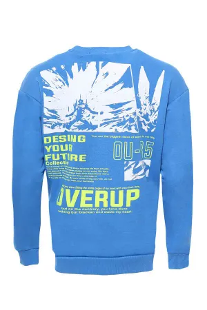 Bisiklet Yaka Ön Ve Arka Baskılı Erkek Mavi Sweatshirt - Wessi