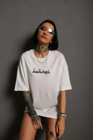 Bisiklet Yakalı Sırt Baskılı Oversize T-Shirt - Beyaz - M - Beyaz