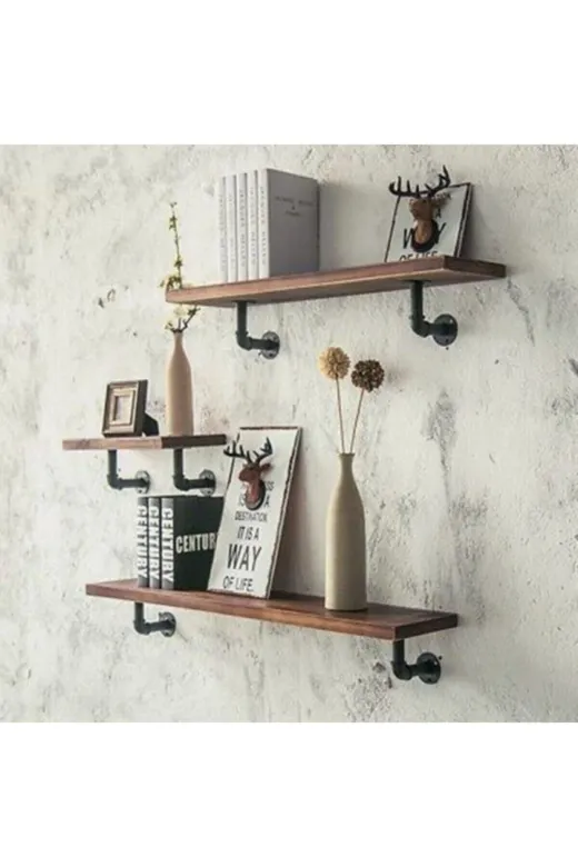 Blbndesign Raf No:192 Dekoratif Duvara Borudan Raf 3'lü Set