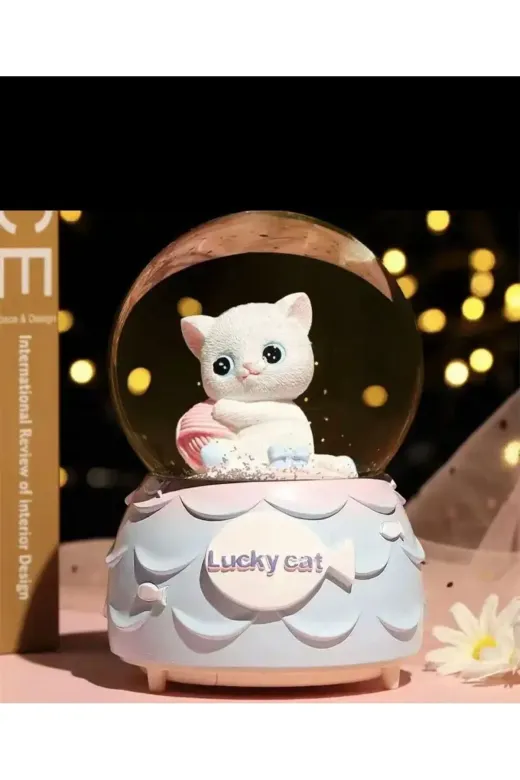 BLUE SİDE blyunekjfh Sevimli 3D Desenli Sevimli Minnoş Kedi Lucky Cat Kar Küresi Orta Boy Hediye Işıklımüzikli Kar Küresi