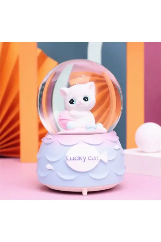 BLUE SİDE blyunekjfh Sevimli 3D Desenli Sevimli Minnoş Kedi Lucky Cat Kar Küresi Orta Boy Hediye Işıklımüzikli Kar Küresi