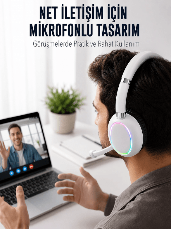Bluetooth 5.0 Beyaz Kulak Üstü Kablosuz Kulaklık Mikrofonlu Rgb Aydınlatmalı