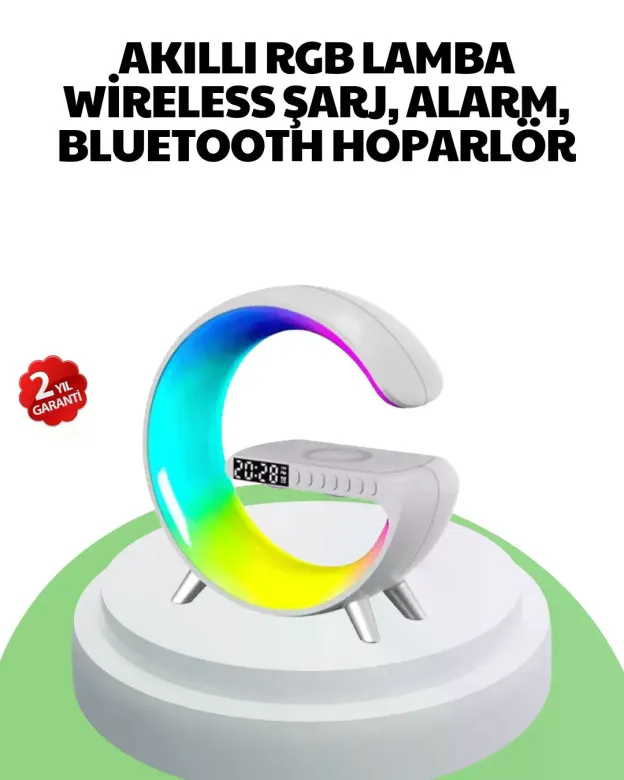 Bluetooth Hoparlörlü RGB Atmosfer Lambası Kablosuz Şarj ve Saat Özellikli