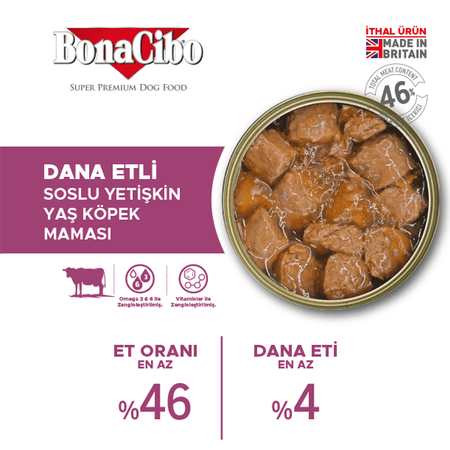 BonaCibo köp0655016 Soslu Dana Etli Yaş Yetişkin Köpek Maması Yetişkin Köpekler Için Tam Yaş Mama 400 Gr X 24 Adet