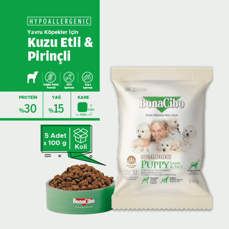 BonaCibo köp55666560 Puppy Lamb & Rice Kuzu Etli Ve Pirinçli Yavru Köpek Maması 100 Gr X 5 Adet