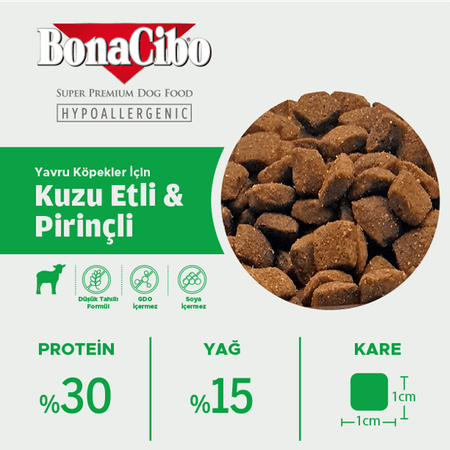 BonaCibo köp55666560 Puppy Lamb & Rice Kuzu Etli Ve Pirinçli Yavru Köpek Maması 100 Gr X 5 Adet