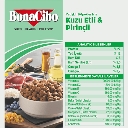 BonaCibo köp8456652202 Adult Dog Lamb & Rice Kuzu Etli Ve Pirinçli Yetişkin Köpek Maması 15 Kg