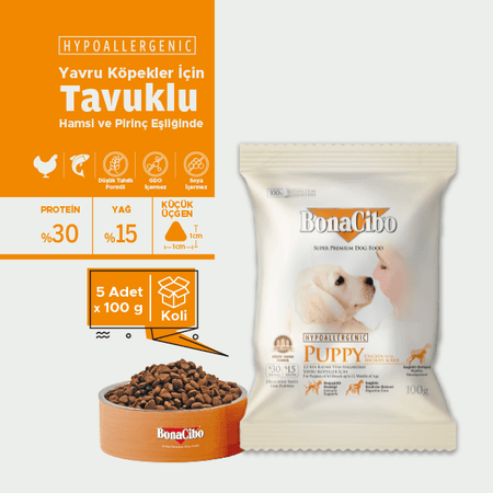 BonaCibo köp978784581 Puppy Tavuklu Ve Balıklı Yavru Köpek Maması 100 Gr X 5 Adet