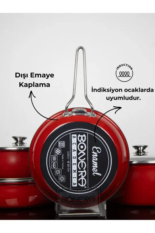 Bonera EMY 3101 Lilium Emaye 7 Pcs Güveç Set Dişi Kirmizi / İçi Titanyum 18-24-26-26)