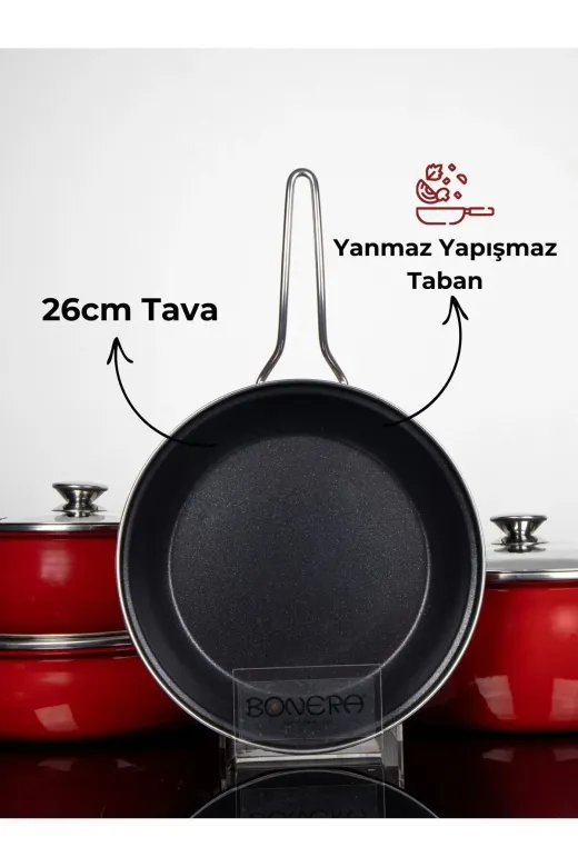 Bonera EMY 3101 Lilium Emaye 7 Pcs Güveç Set Dişi Kirmizi / İçi Titanyum 18-24-26-26)