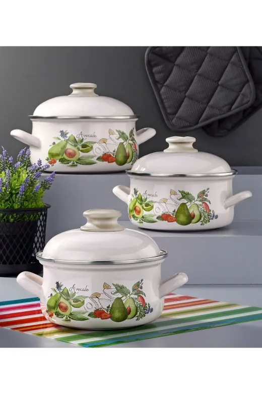 Bonera EMY8012 Emaye 6 Parça Krem Set Emaye Kapakli - Avokado Dekor