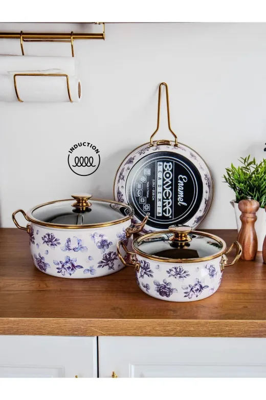 Bonera LİLİUM346 Lilium Emaye 7 Pcs Mavi Gül Desenli Güveç Set Krem