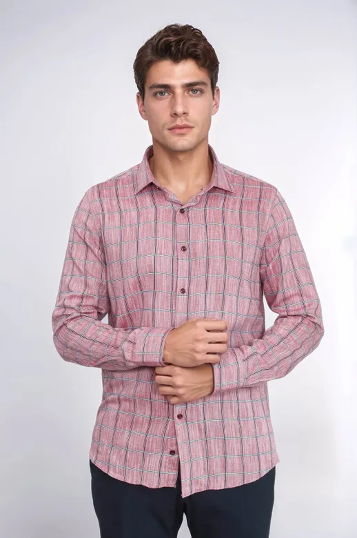 Bordo Kareli Slim-Fit Gömlek - Wessi - M / Bordo