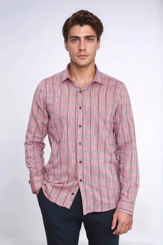 Bordo Kareli Slim-Fit Gömlek - Wessi - S / Bordo