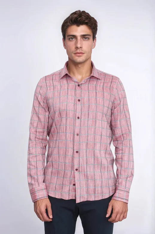 Bordo Kareli Slim-Fit Gömlek - Wessi - XL / Bordo