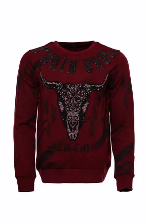 Bordo Taşlı Baskılı Bisiklet Yaka Sweatshirt - Wessi