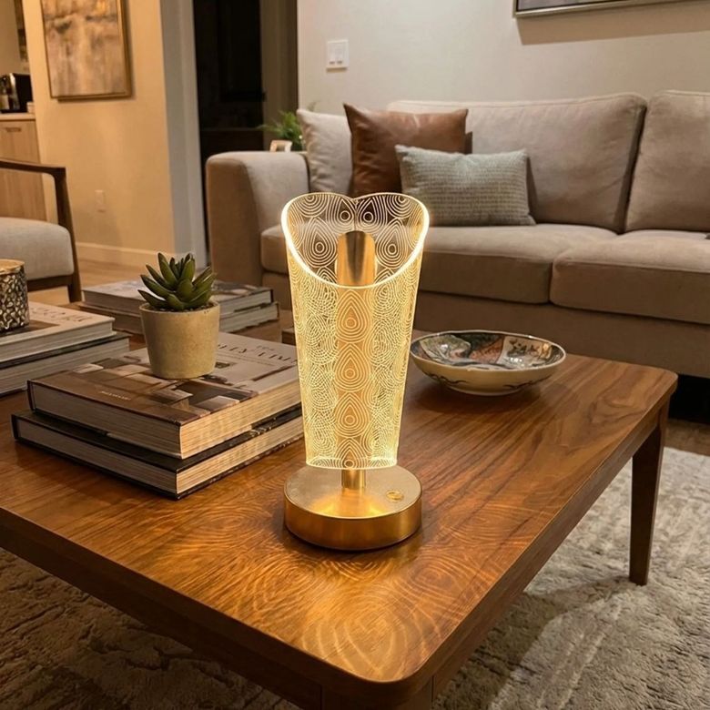 BUFFER® Açık Silindirik Kristal Damla Model LED Masa Lambası – Gold Tabanlı, Dokunmatik, 3 Renk Işık Modlu, Şarjlı Modern Dekoratif Gece Lambası