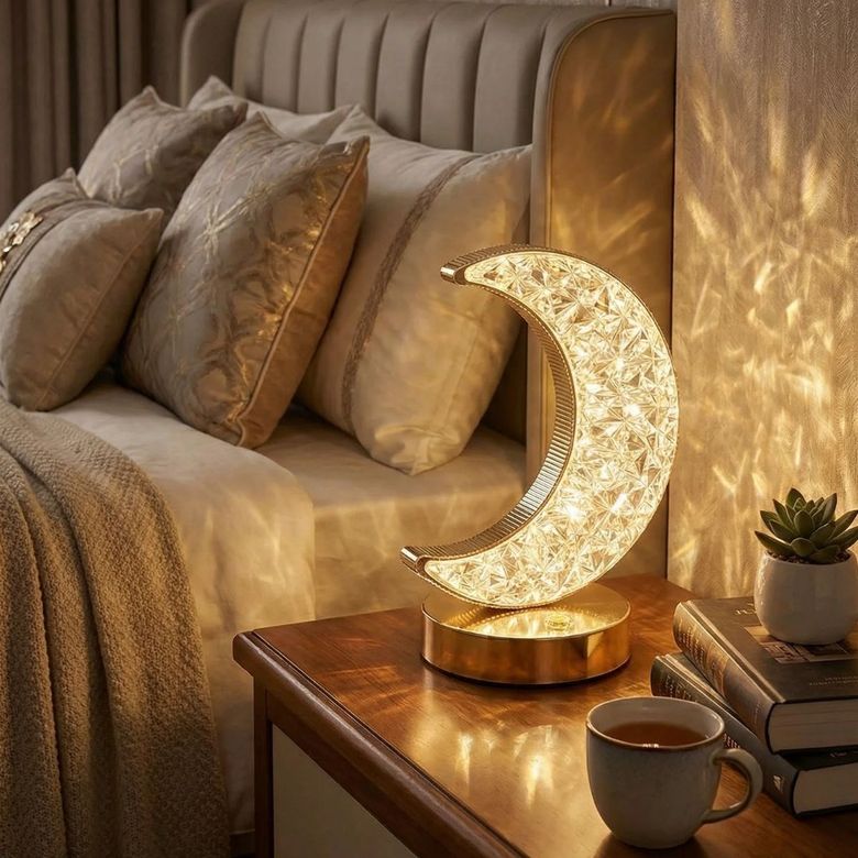 BUFFER® Hilal AY Model Kristal LED Masa Lambası – Dokunmatik, 3 Renk Işık Modlu, Şarjlı Mini Dekoratif Gece Lambası