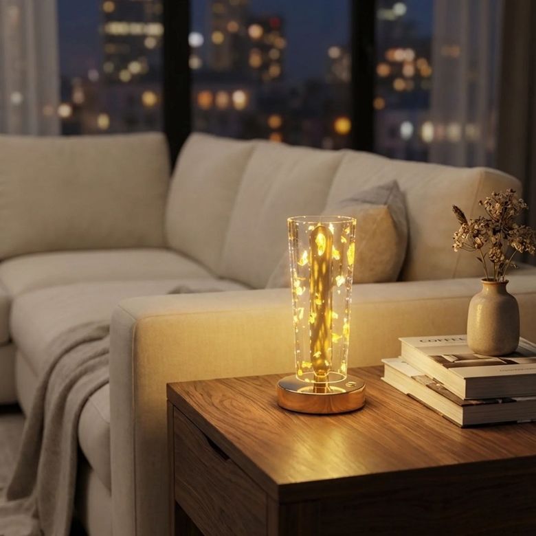 BUFFER® Silindirik Kristal Altın Toz Model LED Masa Lambası – Gold Tabanlı, Dokunmatik, 3 Renk Işık Modlu, Şarjlı Modern Dekoratif Gece Lambası