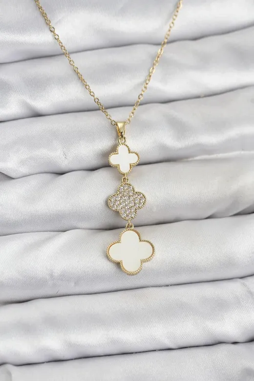 Butik BKO10829 Özssa 316L Çelik Zincir Gold Renk Yonca Detaylı Zirkon Taşlı Kadın Kolye
