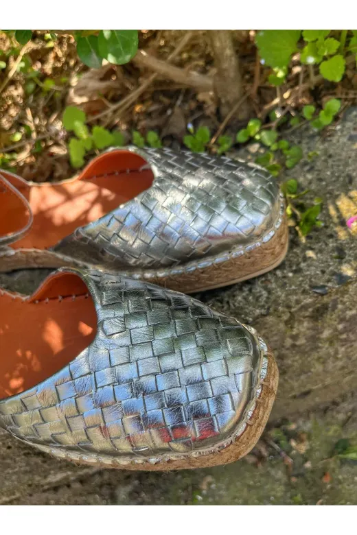 Butik nb11 Noble Shoes Hakiki Deri Espadril Gümüş Kadın Sandalet