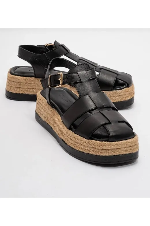Butik nb40 Noble Shoes Hakiki Deri Hasır Taban Kadın Sandalet