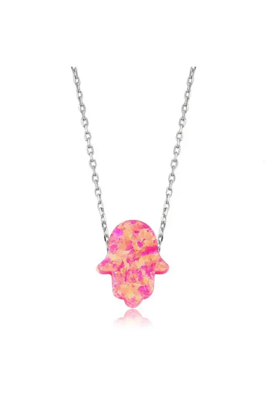 Butik PT2610042 Gümüş Pembe Opal Fatma Eli Kolye
