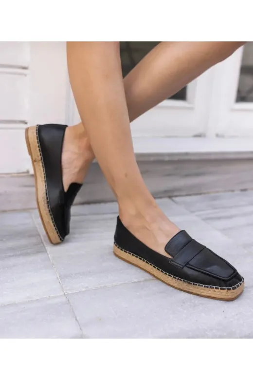 Butik sfk04 Noble Shoes Hakiki Deri Siyah Kadın  Espadril Loafer
