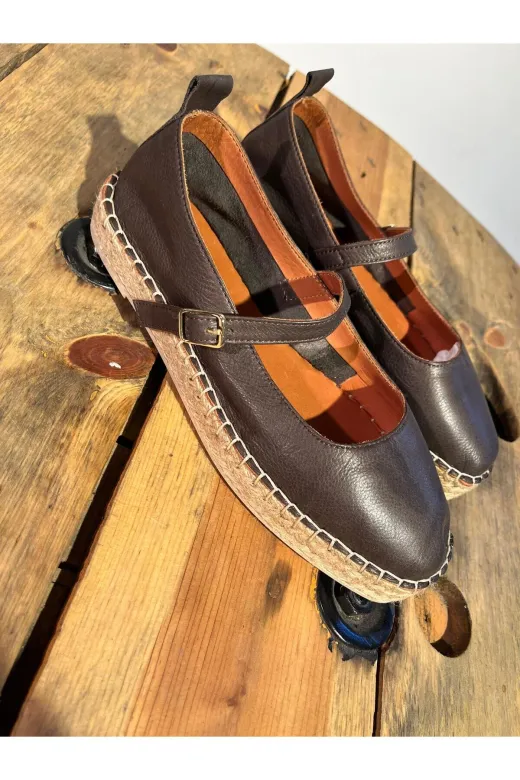 Butik SMT25 Noble Shoes Hakiki Deri Kahve Espadril Kadin Babet