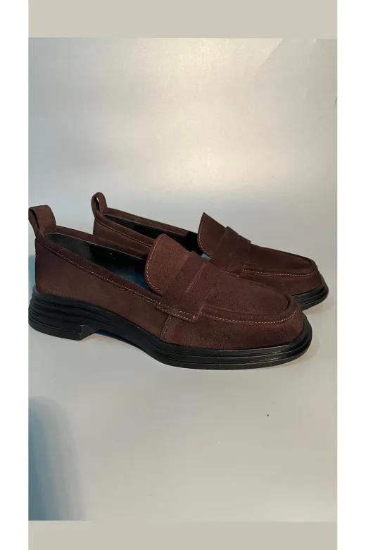 Butik SMT26 Noble Shoes Hakiki Deri Kahve Süet Kadin Loafer Ayakkabi