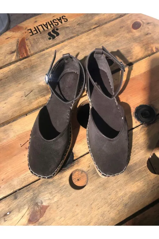 Butik SMT38 Noble Shoes Hakiki Deri Kahve Espadril Kadin Sandalet