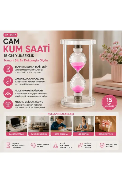Büyük Cam Kum Saati Cam Standlı= Çap: 7.5CM-YÜKSEKLİK: 15CM