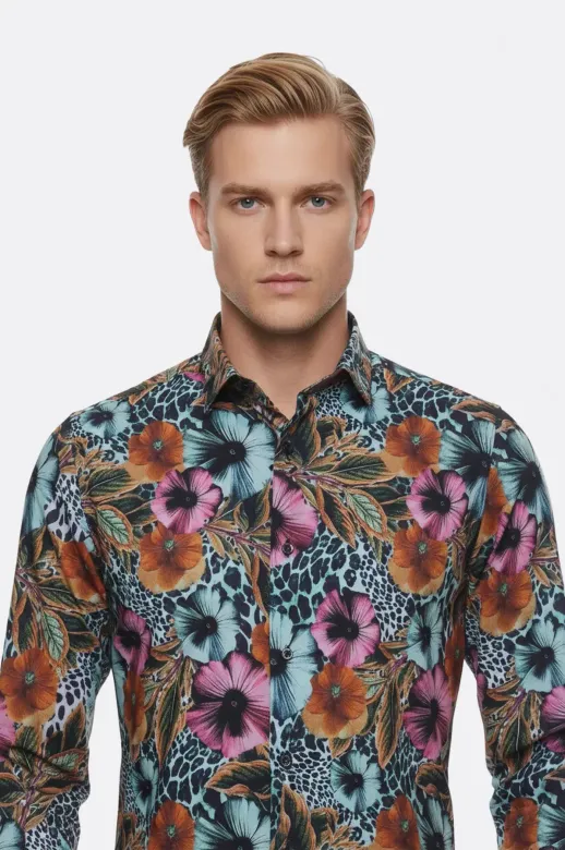 Büyük Çiçek Desenli Slim Fit Uzun Kollu Renkli Erkek Gömlek - Wessi - L / Siyah