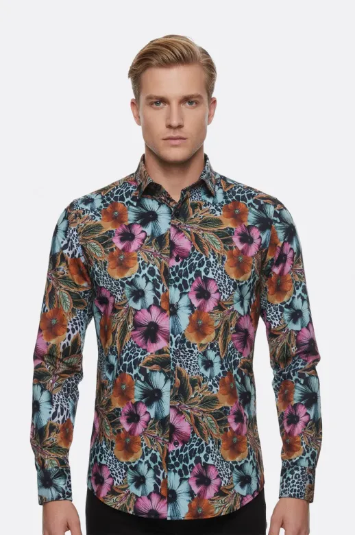 Büyük Çiçek Desenli Slim Fit Uzun Kollu Renkli Erkek Gömlek - Wessi - L / Siyah