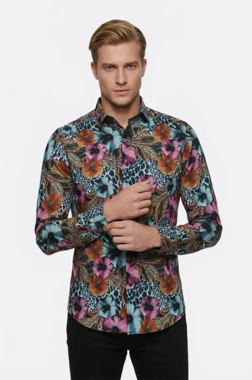 Büyük Çiçek Desenli Slim Fit Uzun Kollu Renkli Erkek Gömlek - Wessi - XL / Siyah