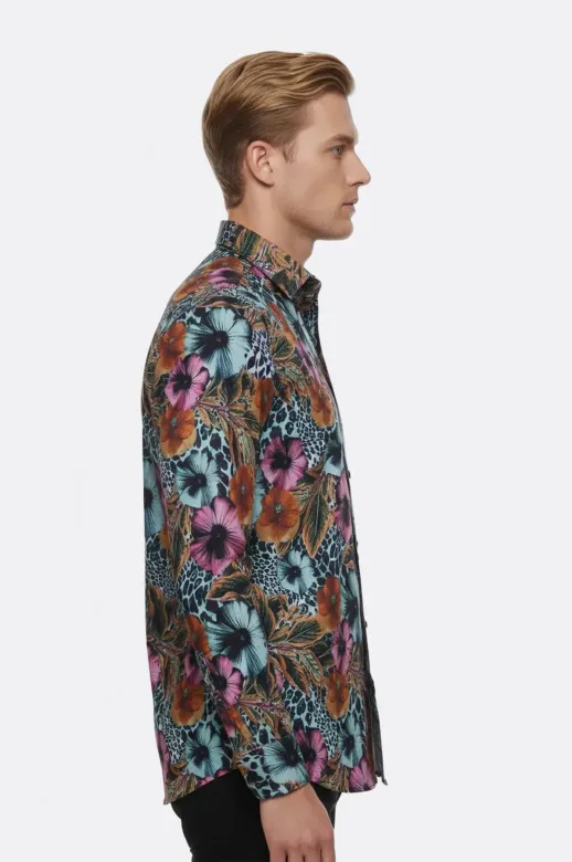 Büyük Çiçek Desenli Slim Fit Uzun Kollu Renkli Erkek Gömlek - Wessi - S / Siyah
