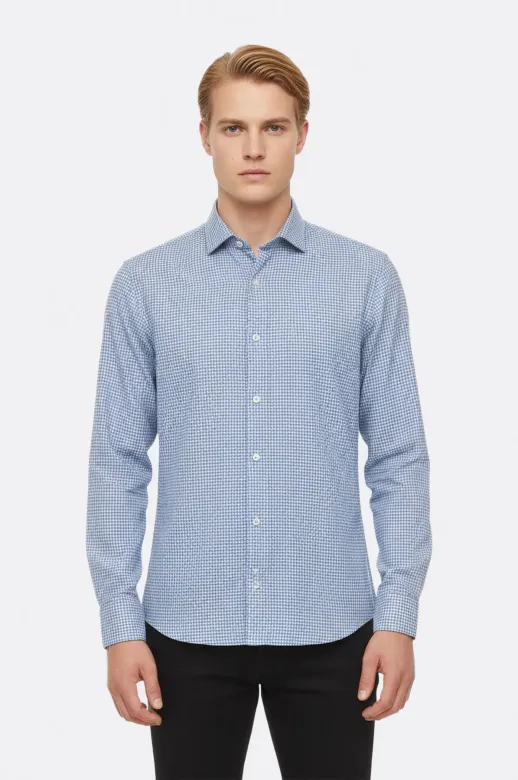 Buz Mavi Kaz Ayağı Desenli Gömlek - Wessi - 3XL / Mavi