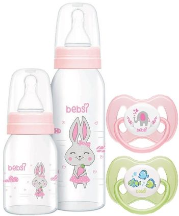 Cam Biberon Seti Pembe (250ML+125ML)+Emzik Ortodontik Damaklı Kelebek No:1 (2 Li PK) 4 Lü Set