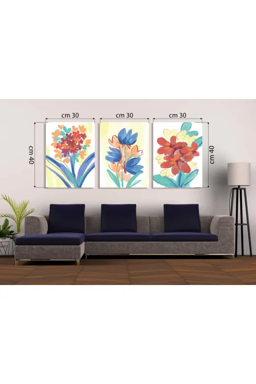 Canlı Suluboya Çiçek Desenli 3'lü Mdf Tablo Seti | Modern Çiçekler