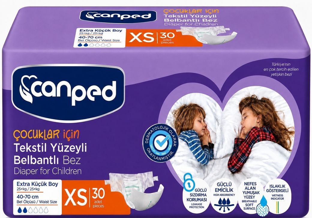 Canped Çoçuklar İçin Yetişkin Bezi Bel Bantlı Tekstil Yüzey XS - Extra Küçük - 30 Adet Tekli Pk