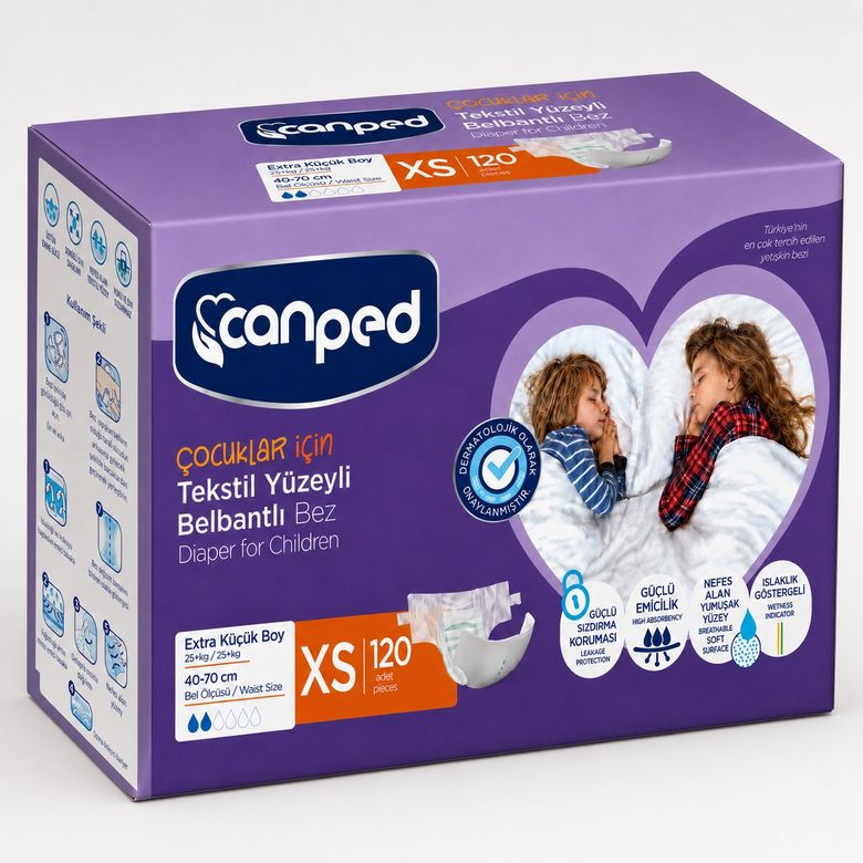 Canped Çoçuklar İçin Yetişkin Bezi Bel Bantlı Tekstil Yüzey XS - Extra Küçük - 120 Adet